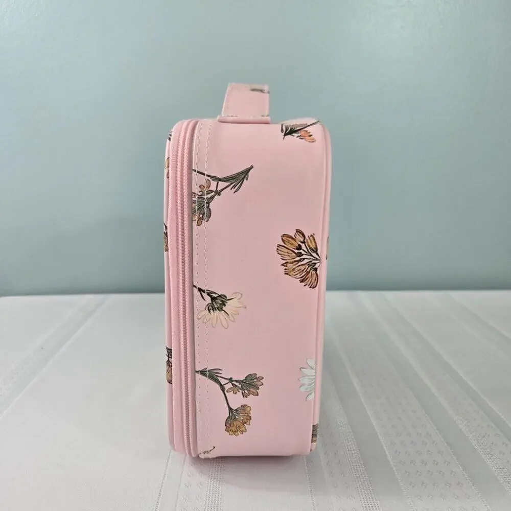 Makeup Cosmetic Case with Moveable Dividers Zipper & Pouches Pink w/Daisies